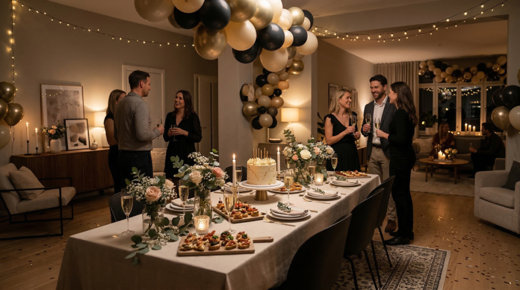 Ambiance chic et décoration de buffet pour une surprise anniversaire adulte réussie à la maison.