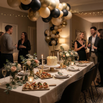 Ambiance chic et décoration de buffet pour une surprise anniversaire adulte réussie à la maison.