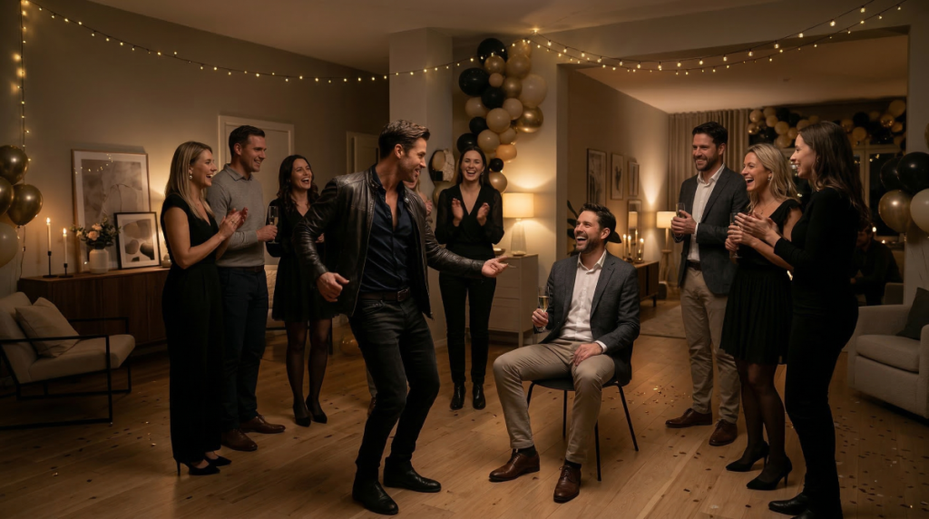 Performance d'un spectacle privé à domicile lors d'une surprise anniversaire adulte, avec animation pour l'invité d'honneur.