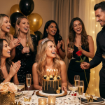 Reine de la soirée entourée de ses amies recevant une rose lors d'un spectacle Chippendales pour son anniversaire