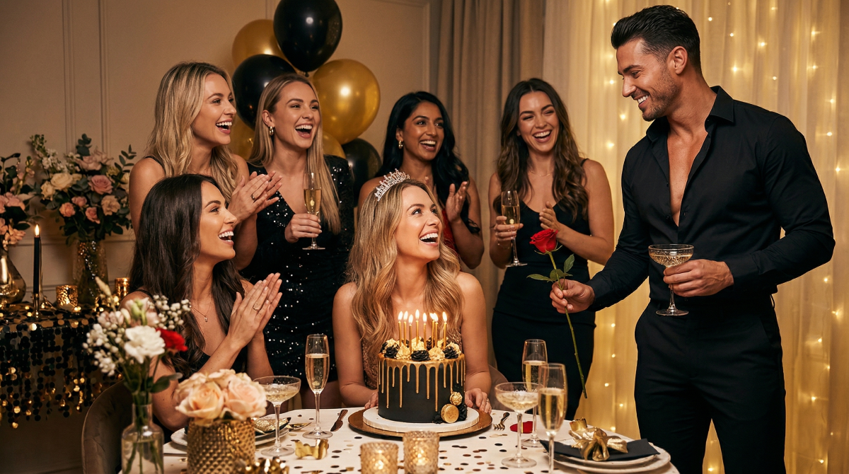 Reine de la soirée entourée de ses amies recevant une rose lors d'un spectacle Chippendales pour son anniversaire